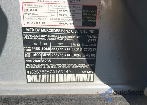 2007 Mercedes-Benz Ml 500 4Matic from USA, damaged, VIN 4JGBB75E67A163140